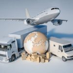 3D rendering of the Earth, a pile of boxes, a truck, a plane, and a van